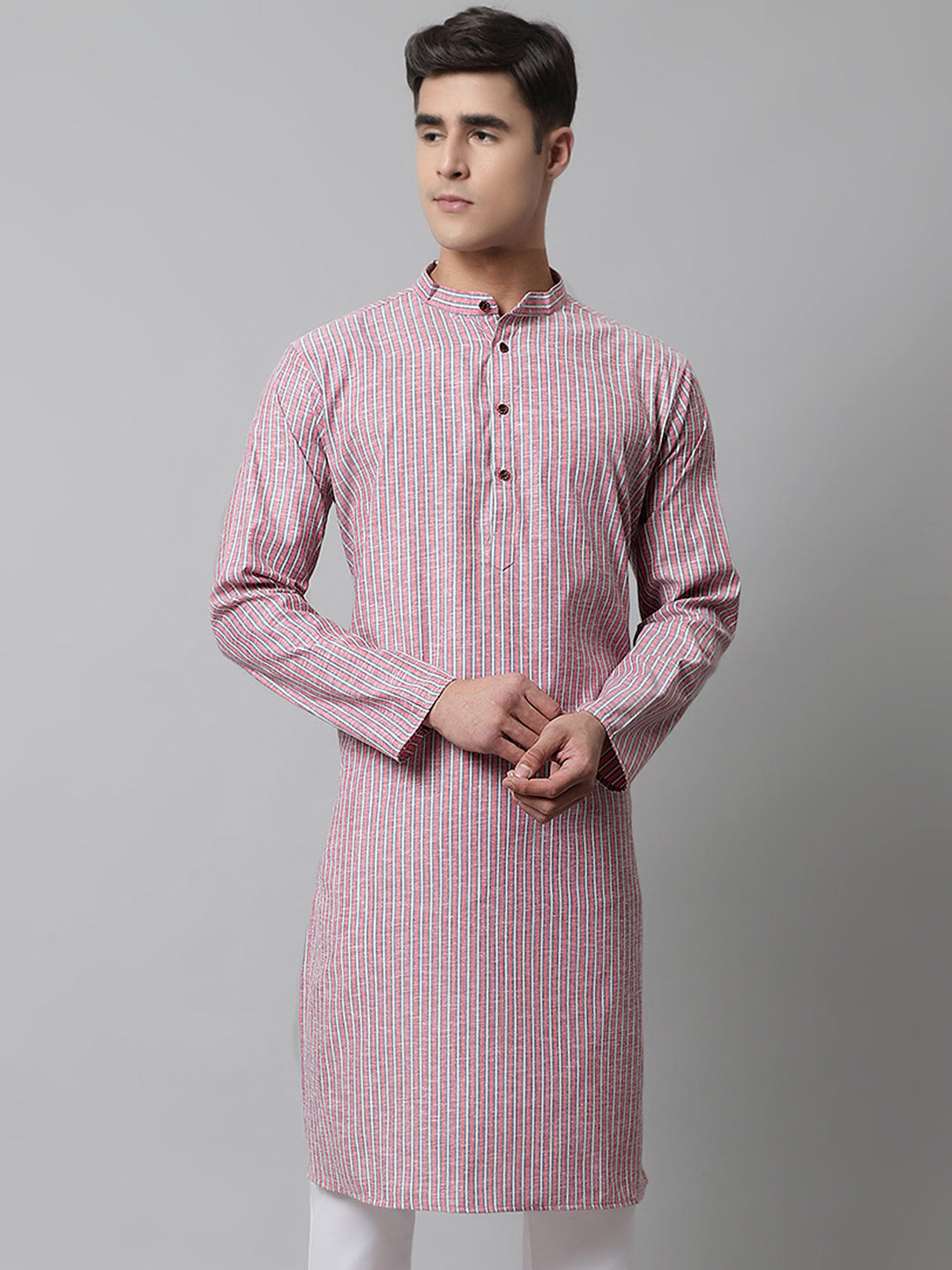 Jompers Men's Coral Red Striped Kurta