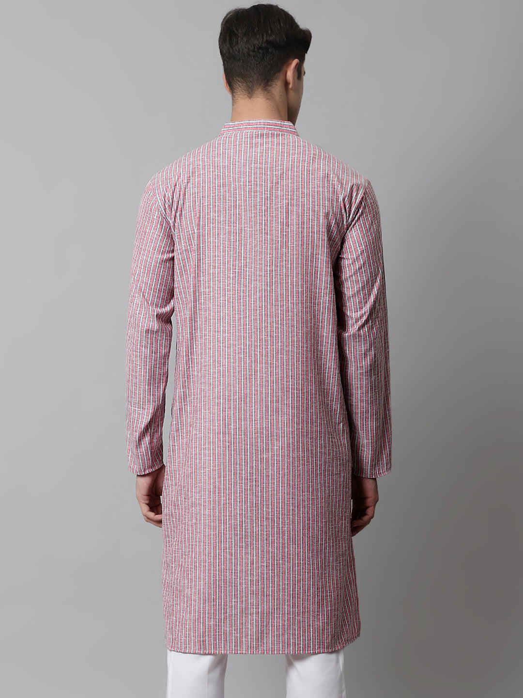 Jompers Men's Coral Red Striped Kurta