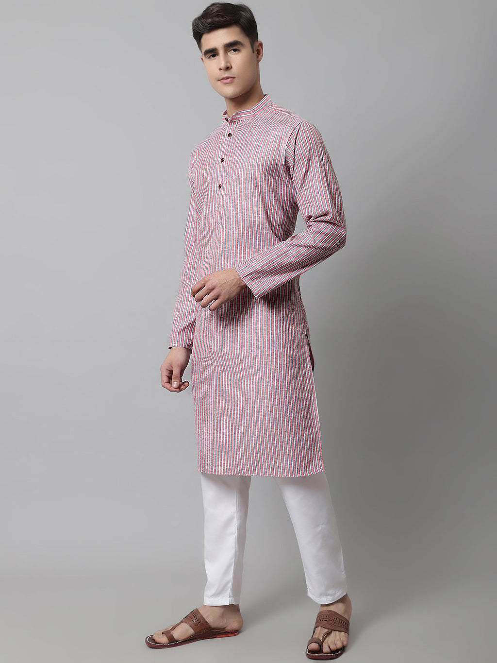 Jompers Men's Coral Red Striped Kurta