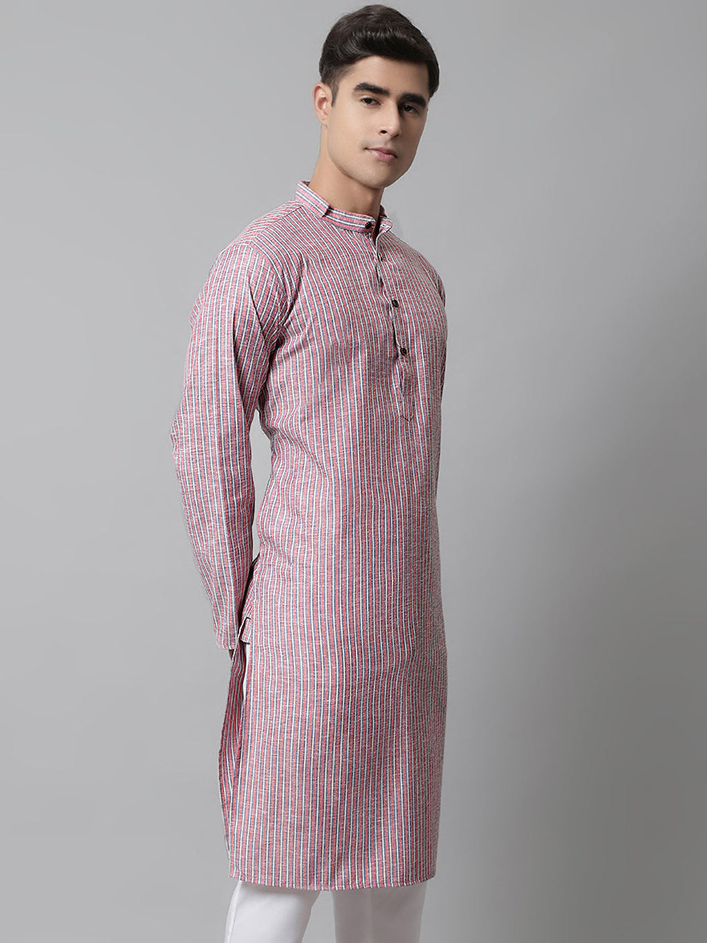 Jompers Men's Coral Red Striped Kurta