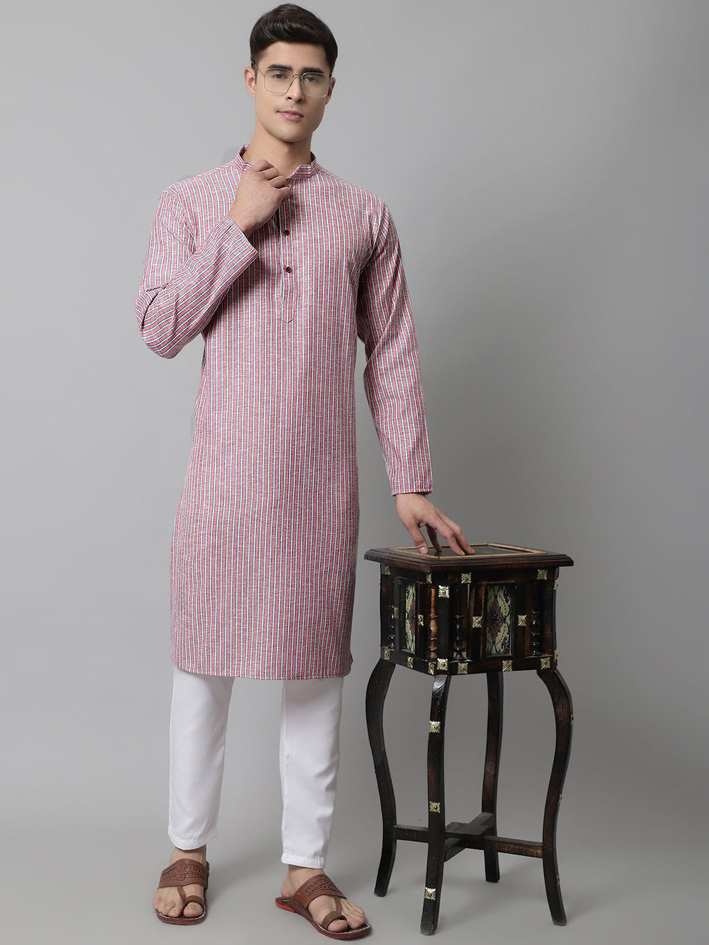 Jompers Men's Coral Red Striped Kurta