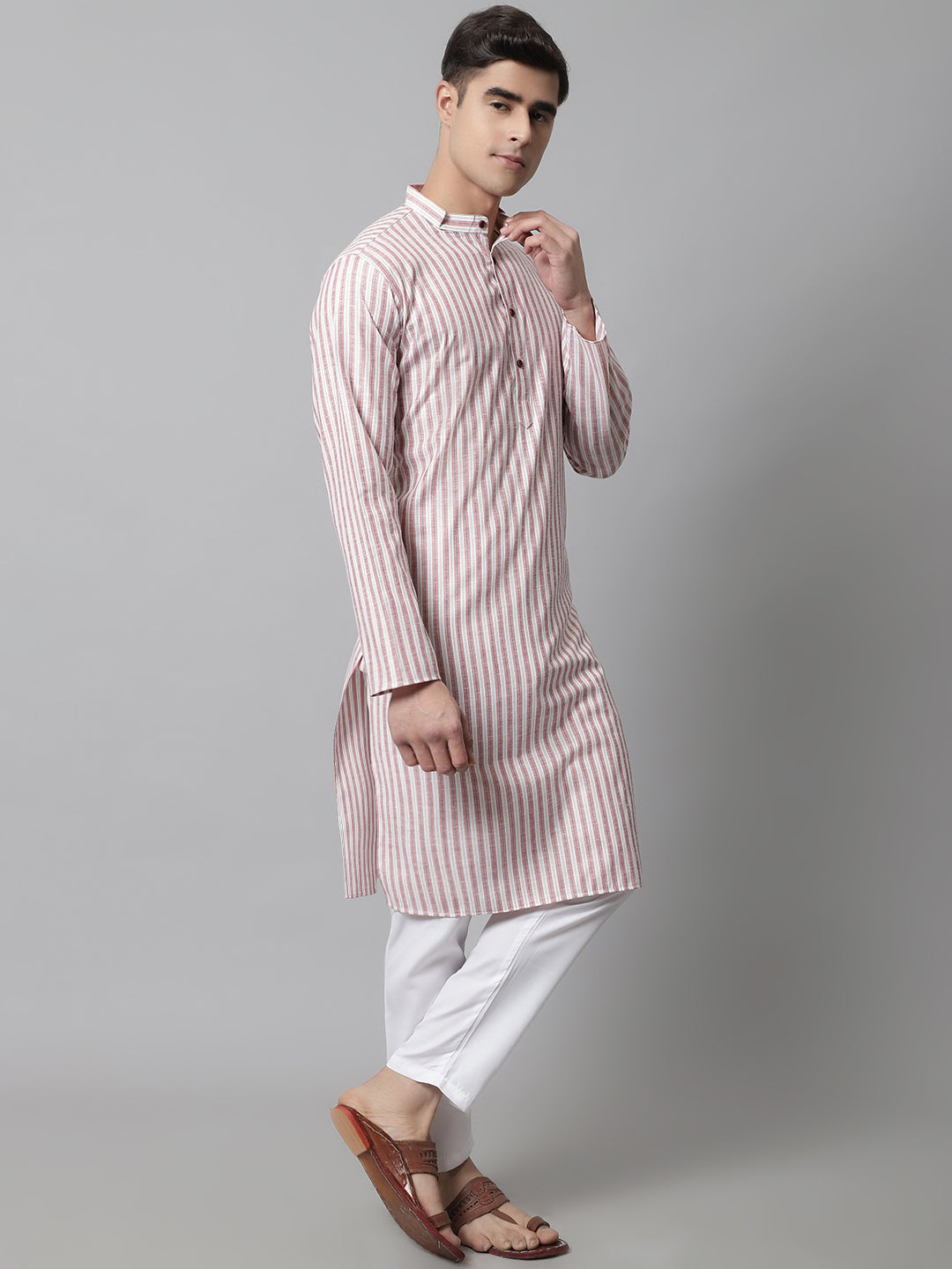 Jompers Men's Orange and White Striped Kurta