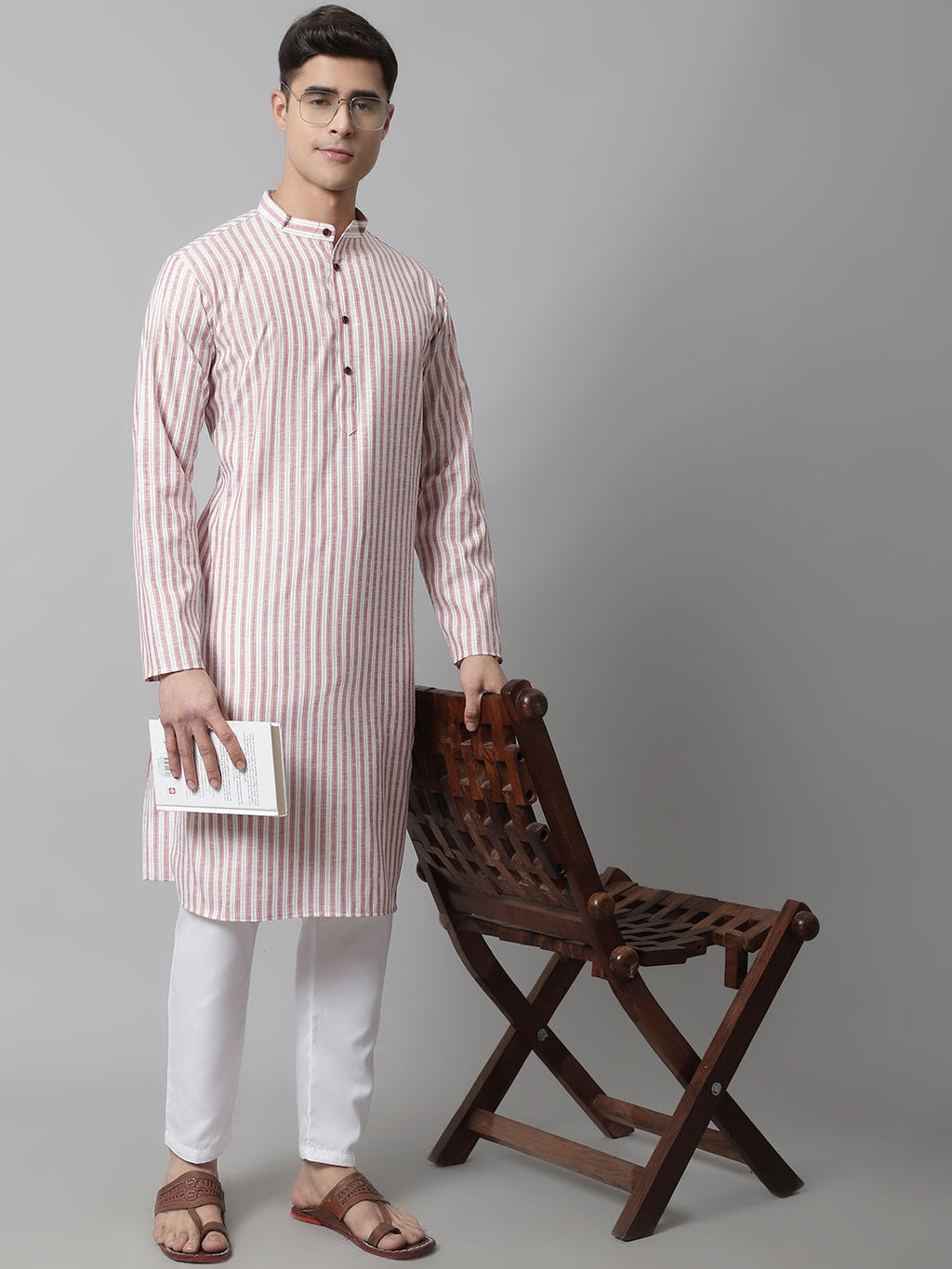 Jompers Men's Orange and White Striped Kurta