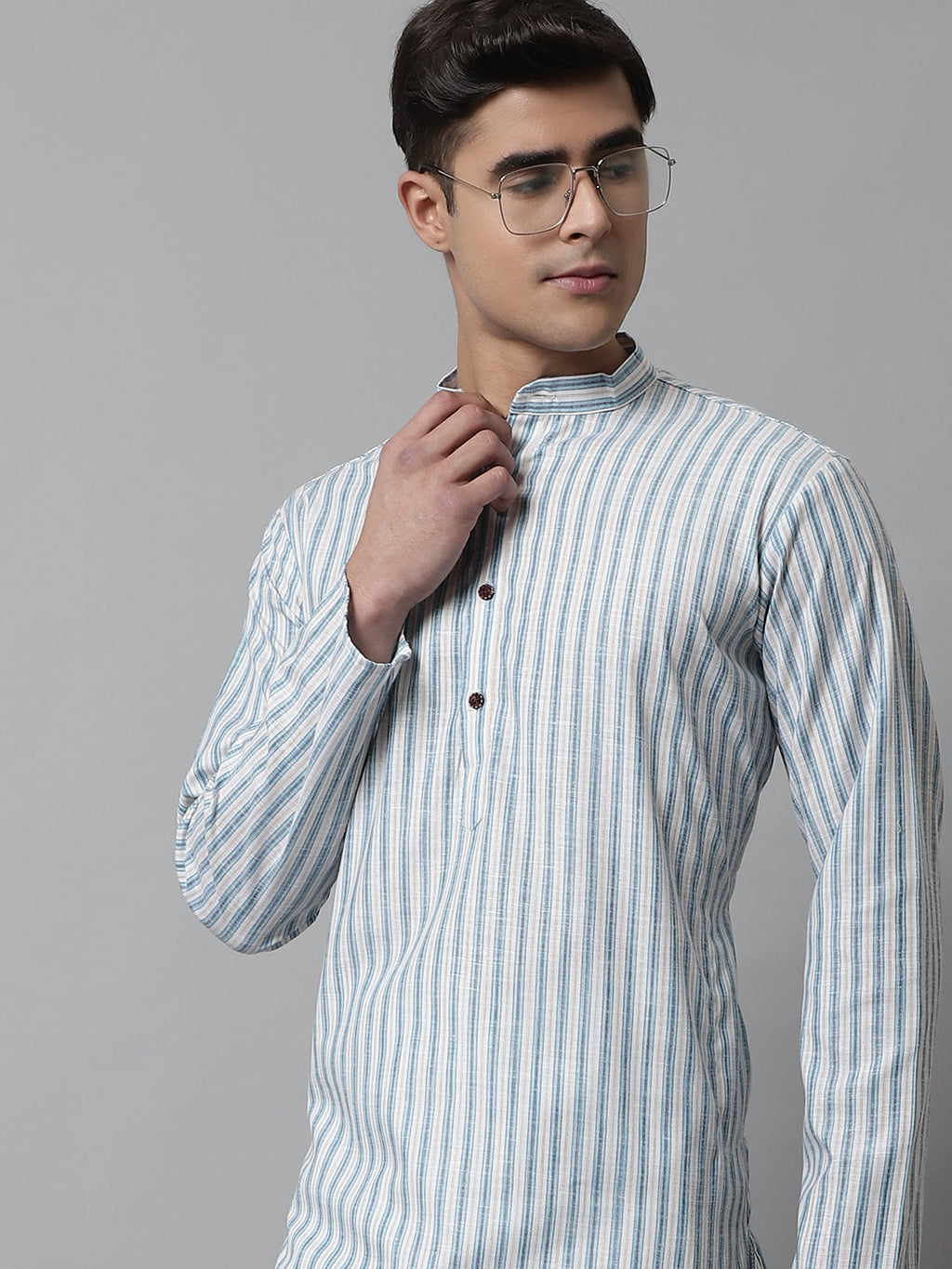 Jompers Men's Sky Blue and White Striped Kurta