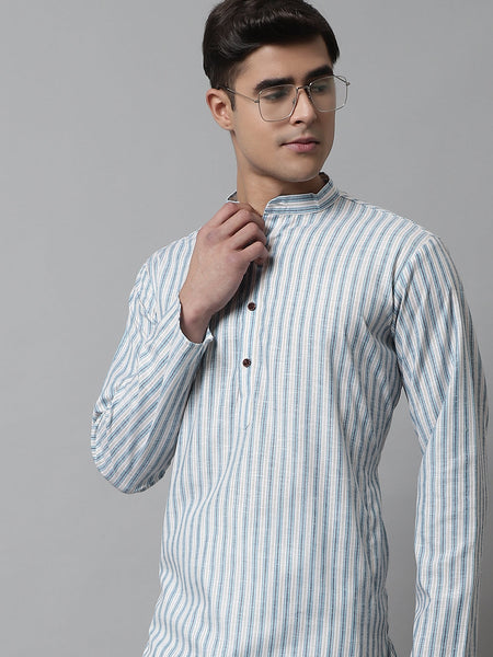 Jompers Men's Sky Blue and White Striped Kurta