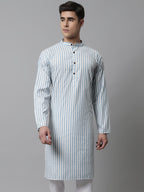Jompers Men's Sky Blue and White Striped Kurta