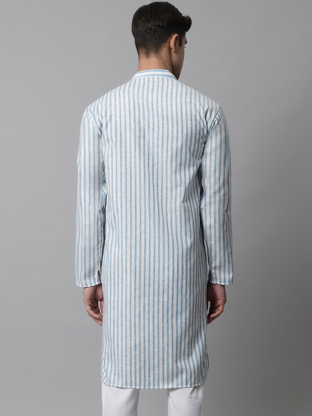 Jompers Men's Sky Blue and White Striped Kurta