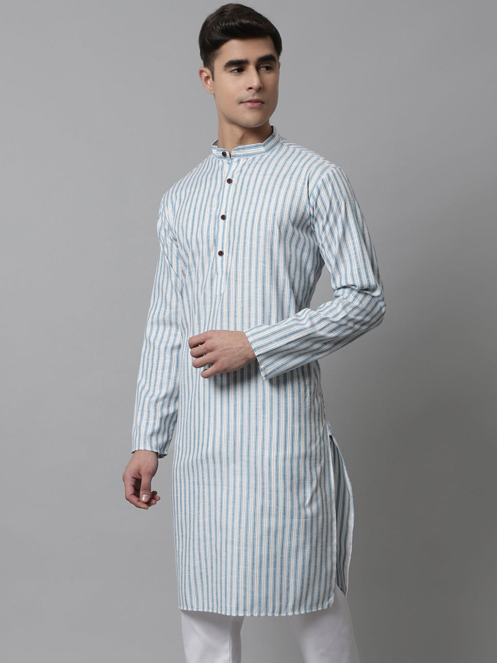 Jompers Men's Sky Blue and White Striped Kurta