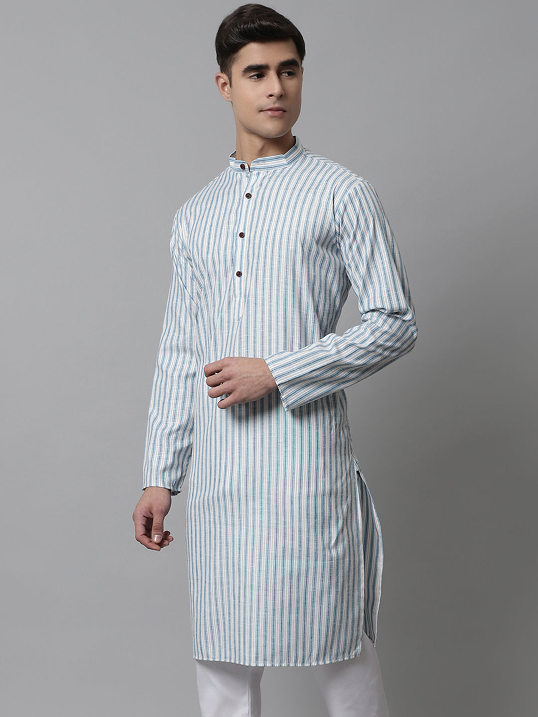 Jompers Men's Sky Blue and White Striped Kurta