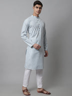 Jompers Men's Sky Blue and White Striped Kurta