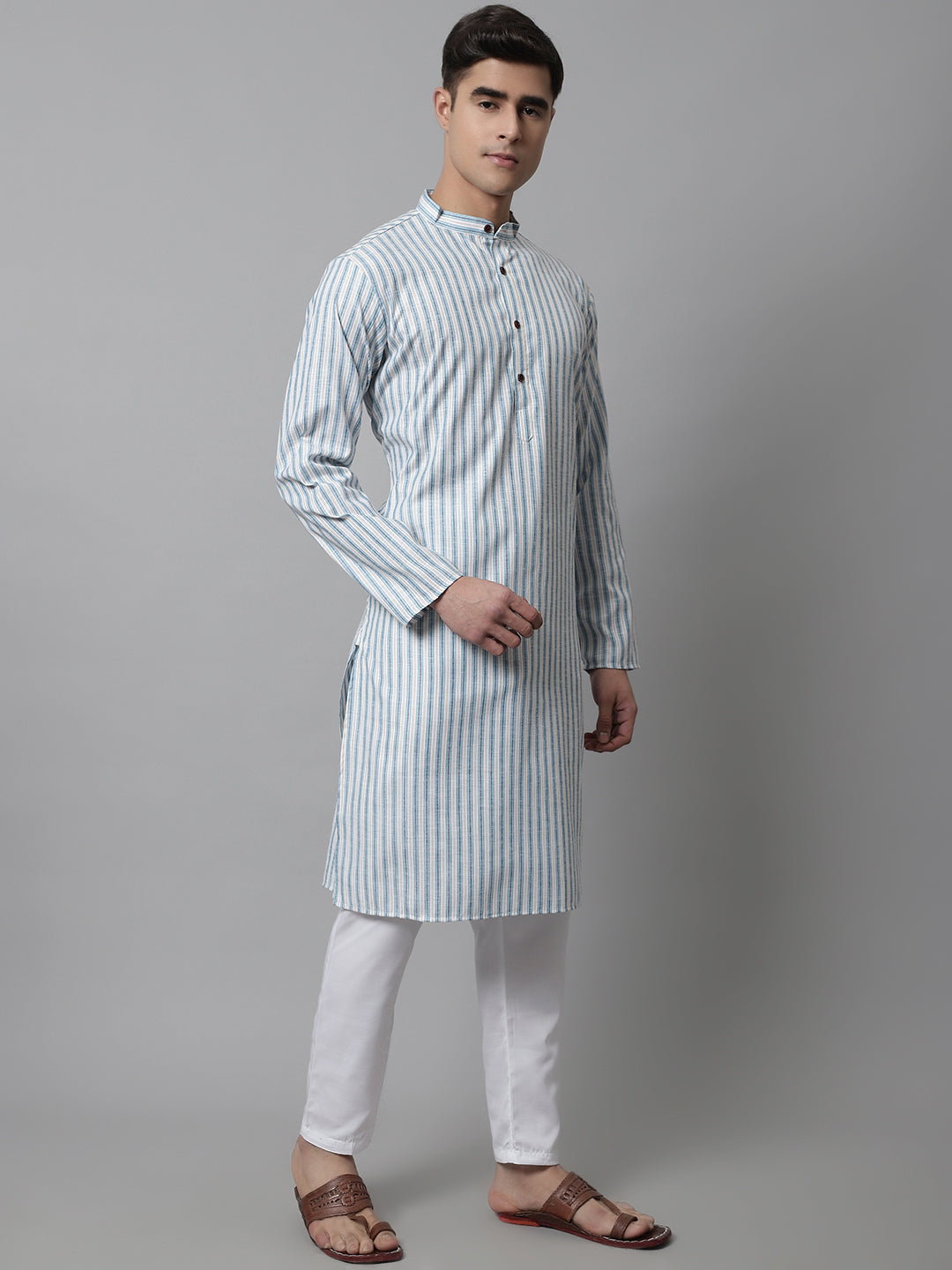Jompers Men's Sky Blue and White Striped Kurta
