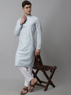 Jompers Men's Sky Blue and White Striped Kurta