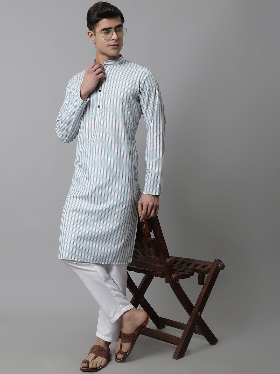 Jompers Men's Sky Blue and White Striped Kurta