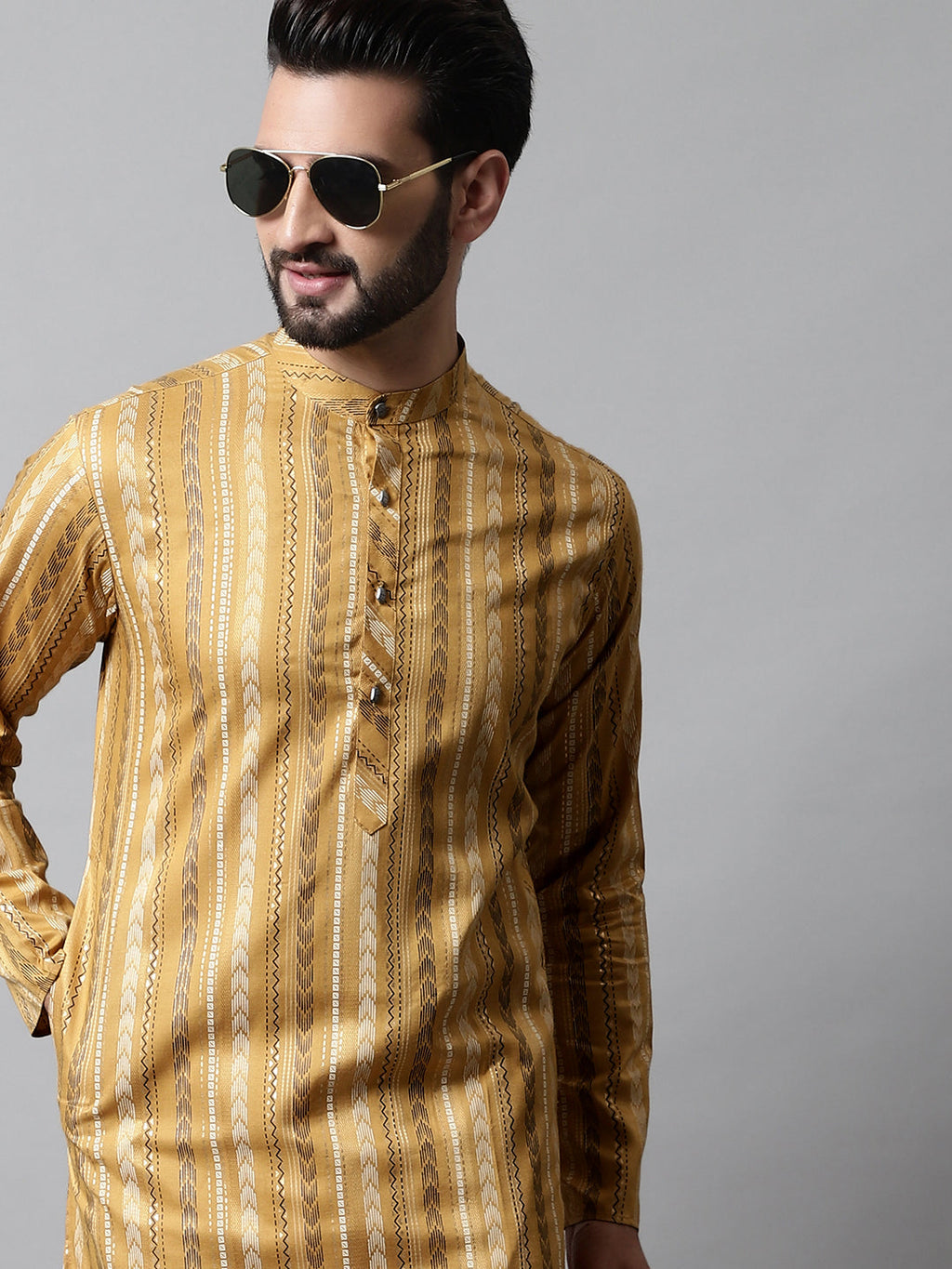 Jompers Men's Beige Foil Printed Kurta