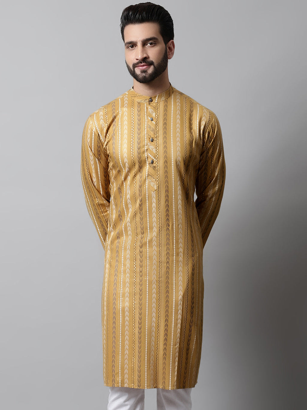 Jompers Men's Beige Foil Printed Kurta