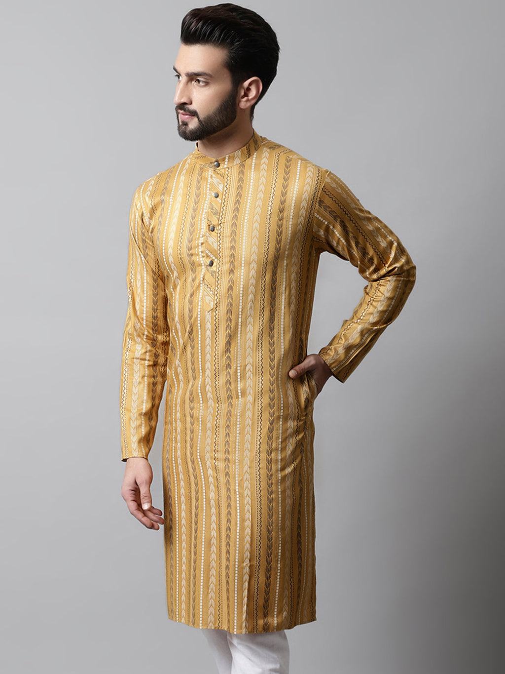 Jompers Men's Beige Foil Printed Kurta