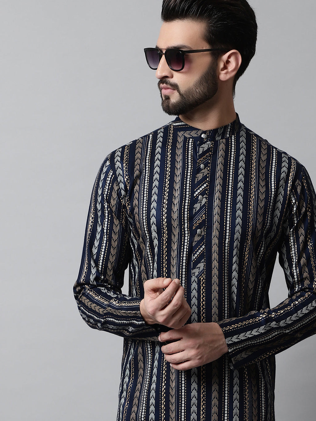 Jompers Men's Navy Blue Foil Printed Kurta