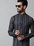 Jompers Men's Navy Blue Foil Printed Kurta