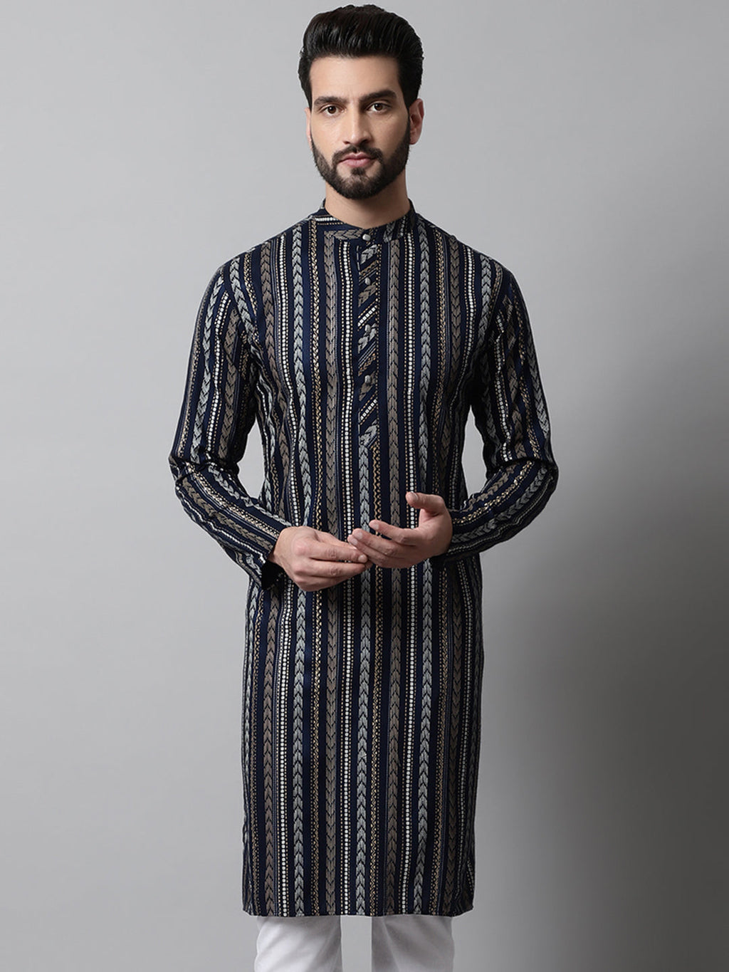Jompers Men's Navy Blue Foil Printed Kurta