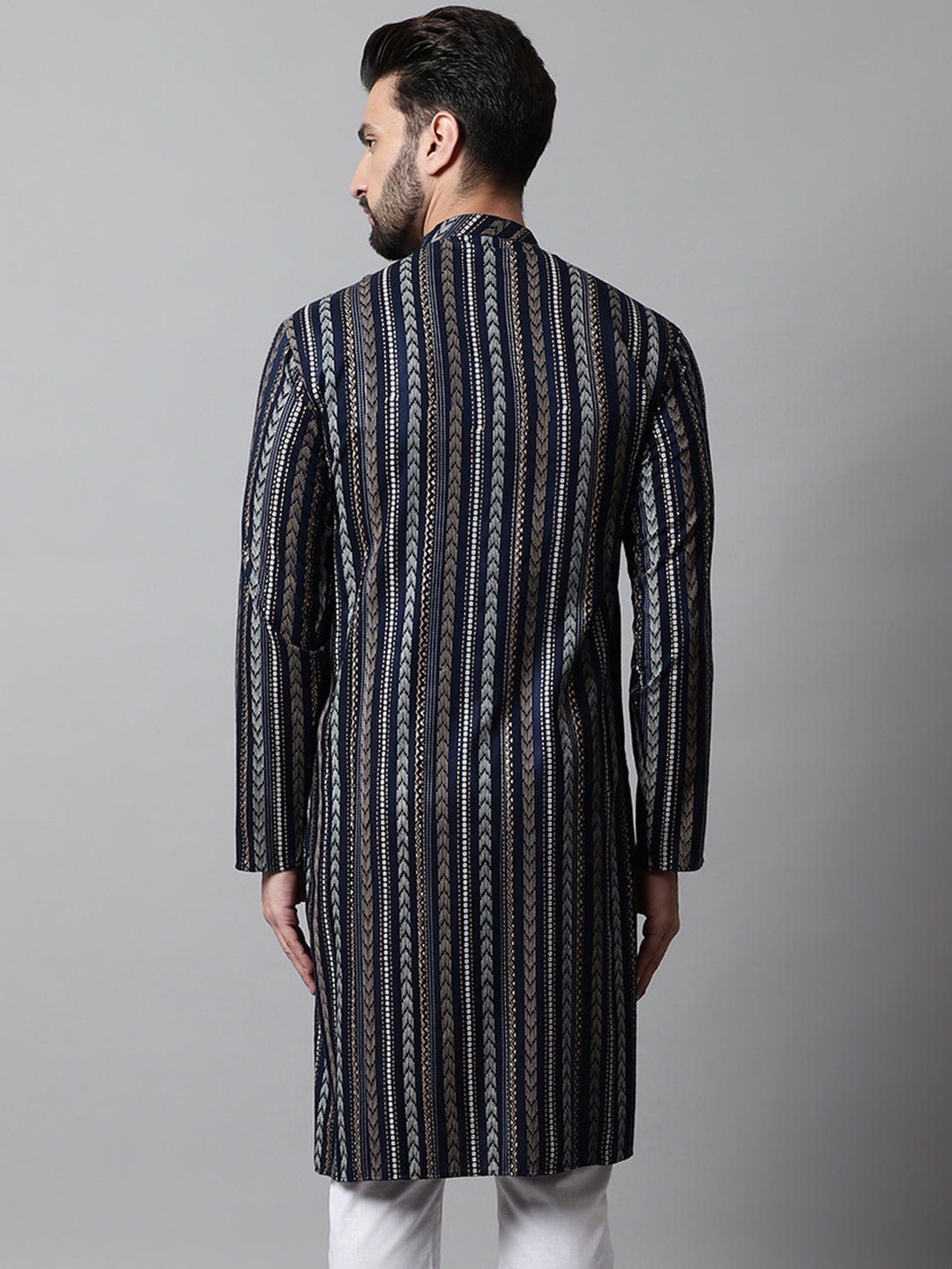 Jompers Men's Navy Blue Foil Printed Kurta