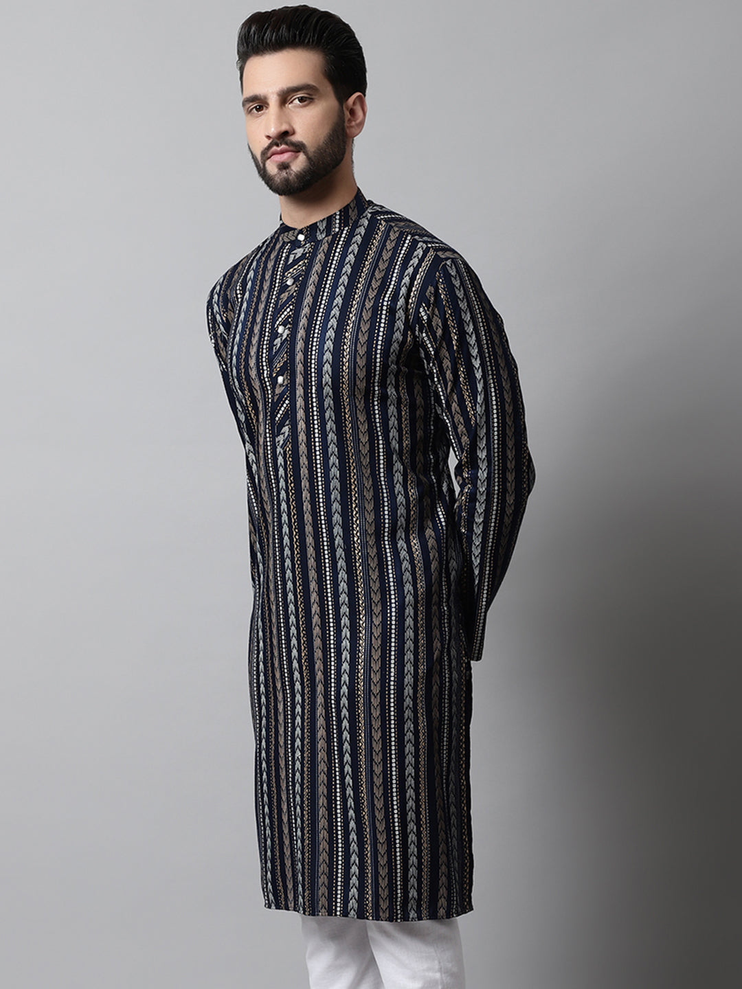 Jompers Men's Navy Blue Foil Printed Kurta