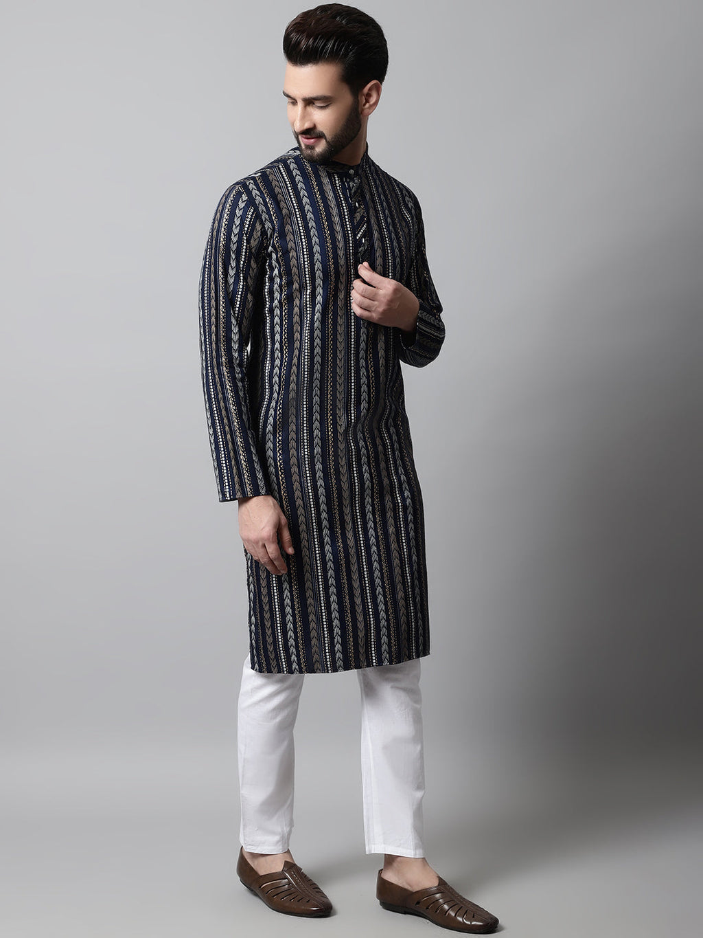 Jompers Men's Navy Blue Foil Printed Kurta
