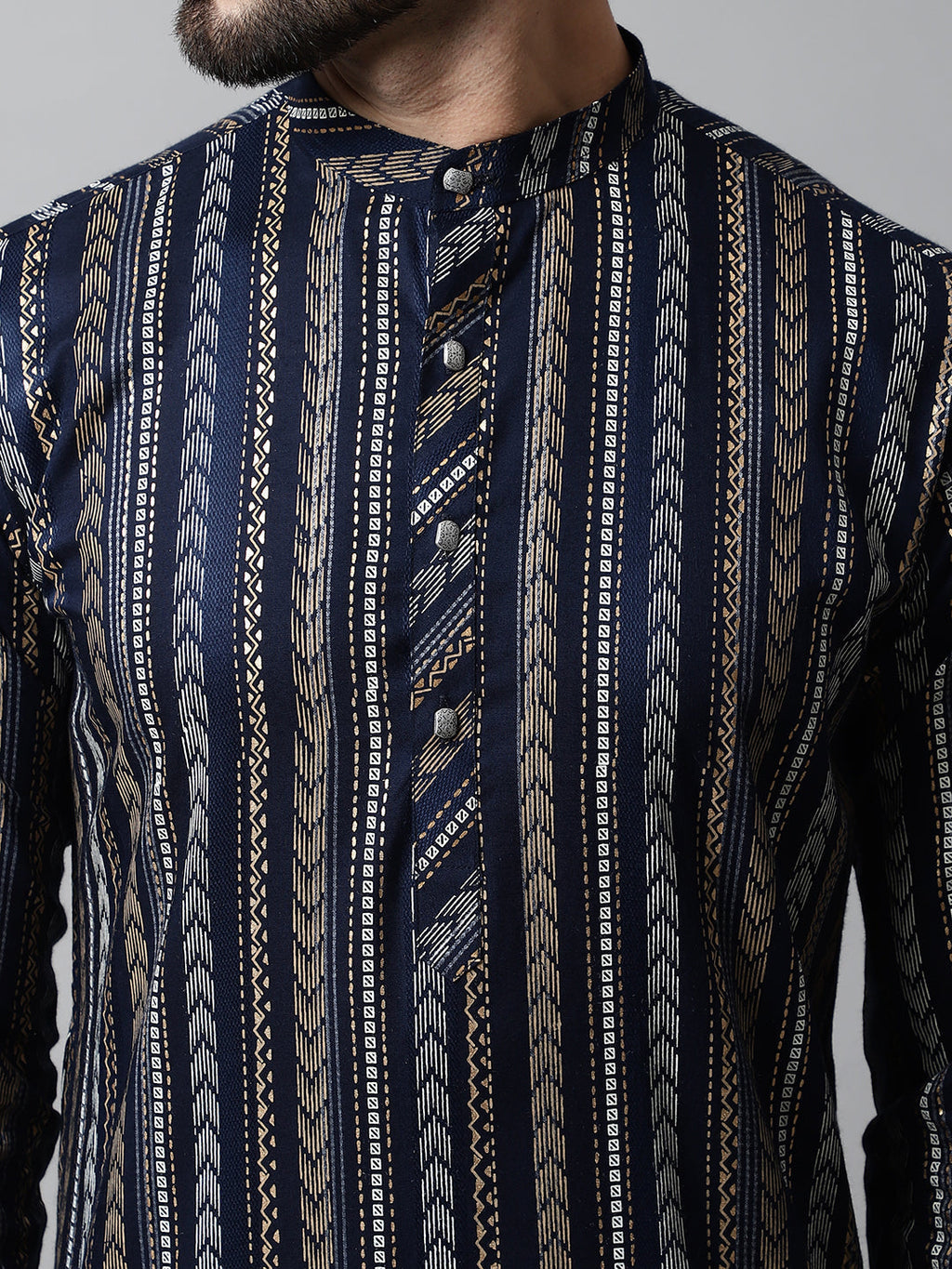 Jompers Men's Navy Blue Foil Printed Kurta