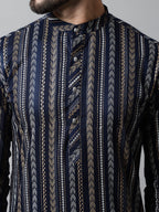 Jompers Men's Navy Blue Foil Printed Kurta