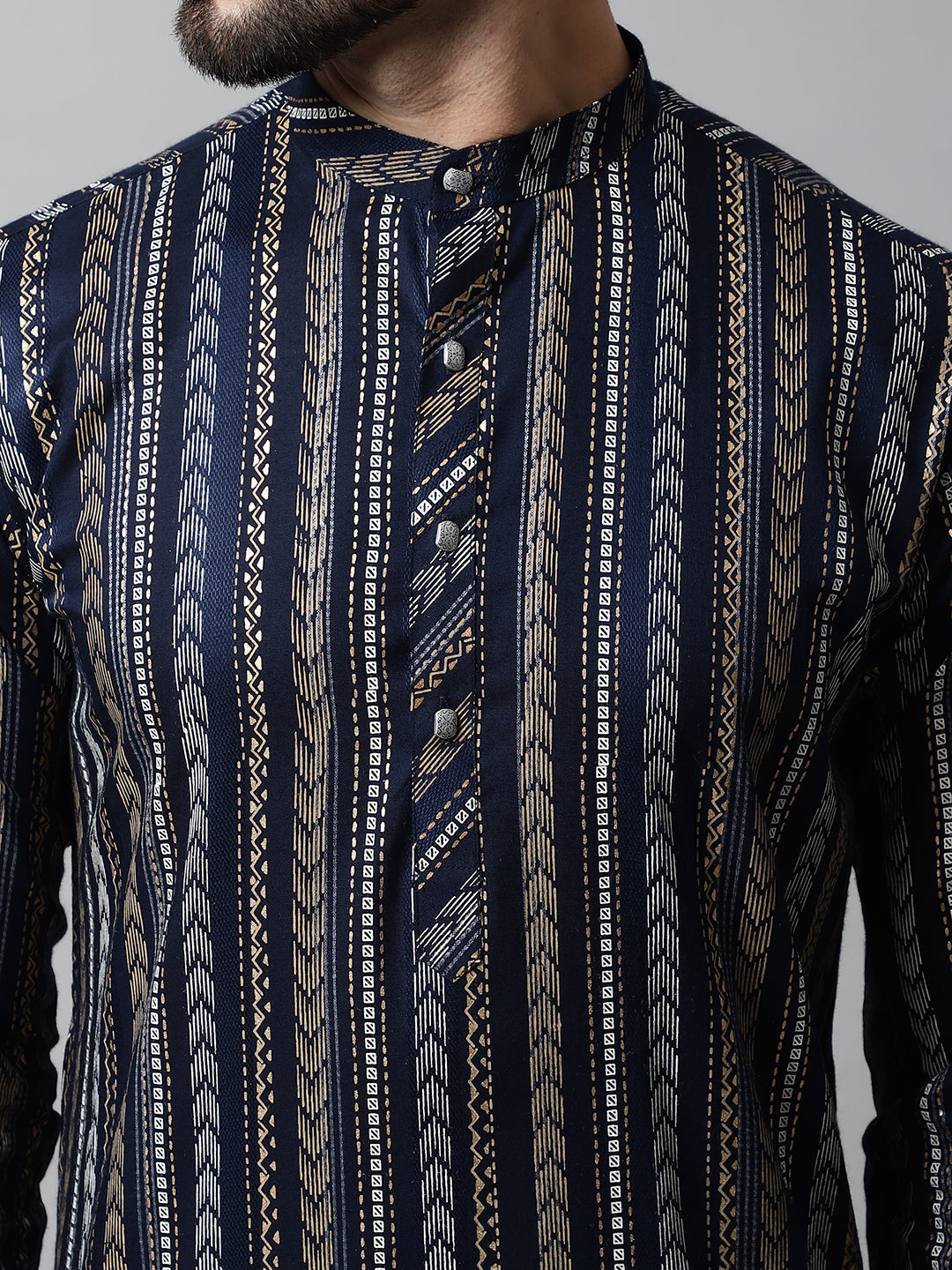 Jompers Men's Navy Blue Foil Printed Kurta