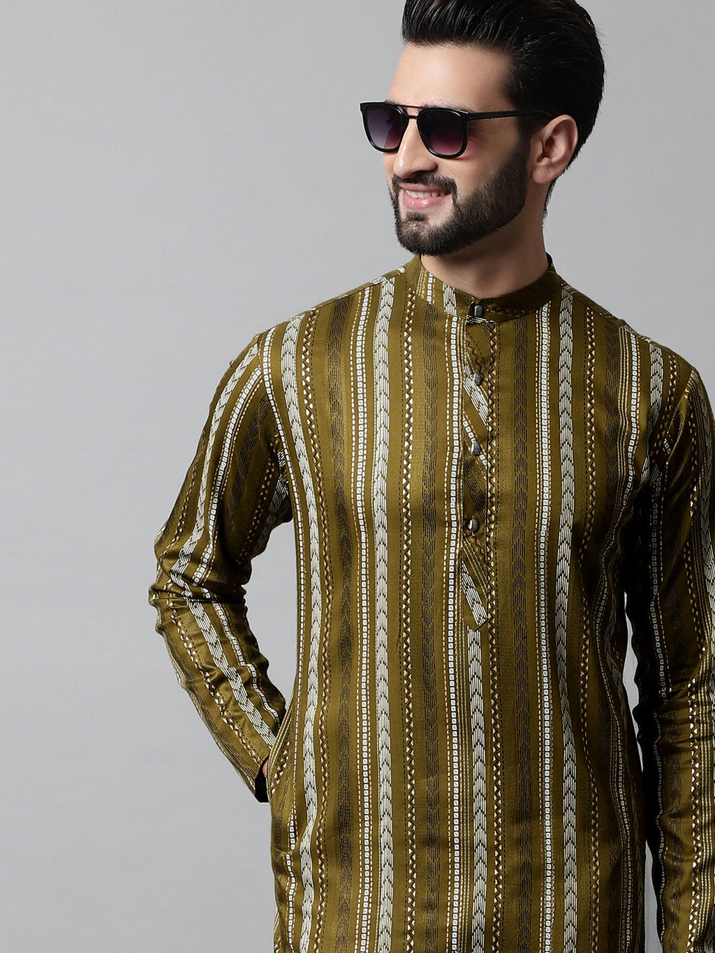 Jompers Men's Olive Green Foil Printed Kurta