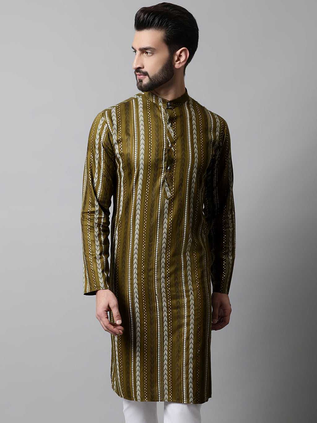 Jompers Men's Olive Green Foil Printed Kurta