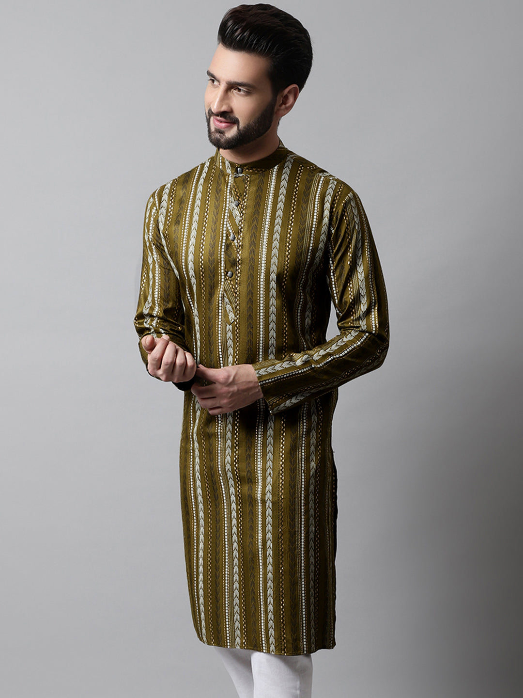 Jompers Men's Olive Green Foil Printed Kurta