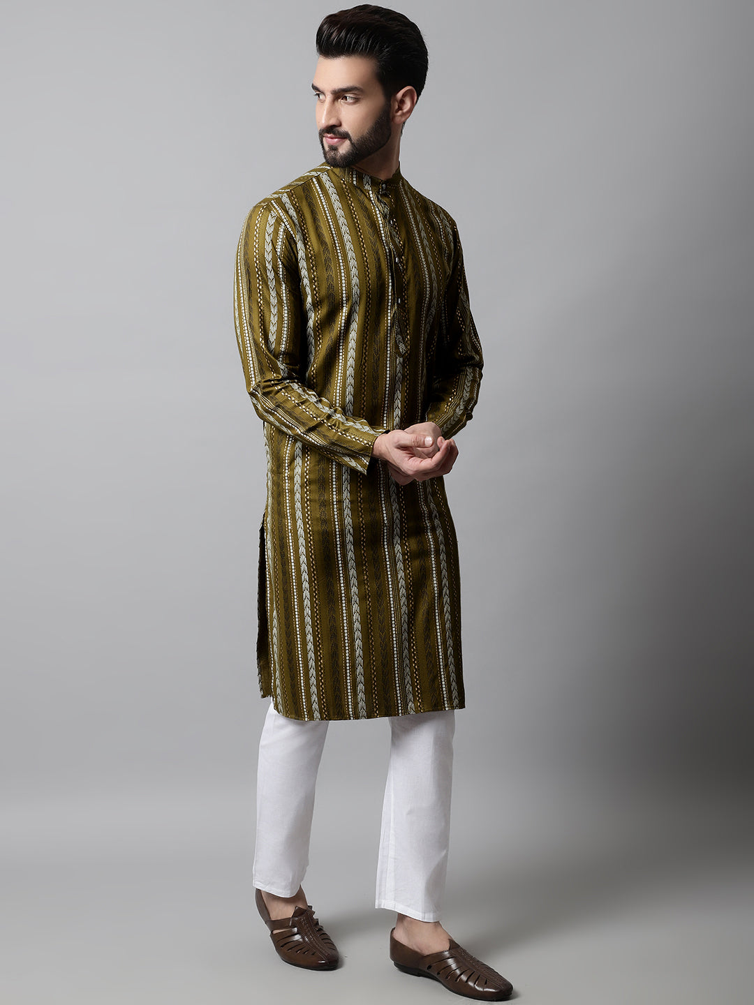 Jompers Men's Olive Green Foil Printed Kurta