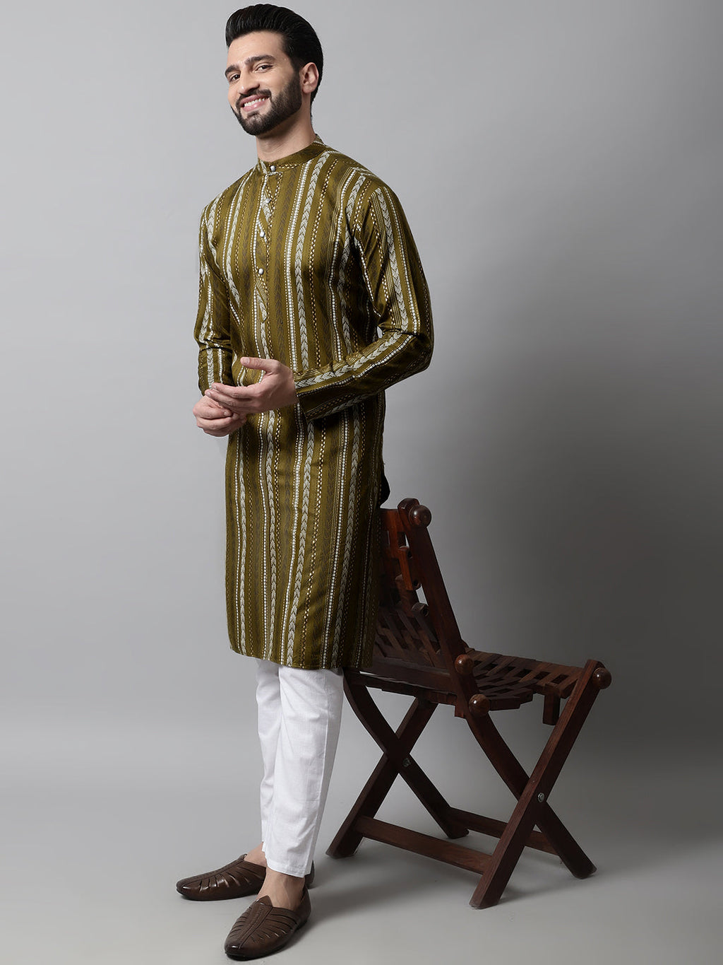 Jompers Men's Olive Green Foil Printed Kurta
