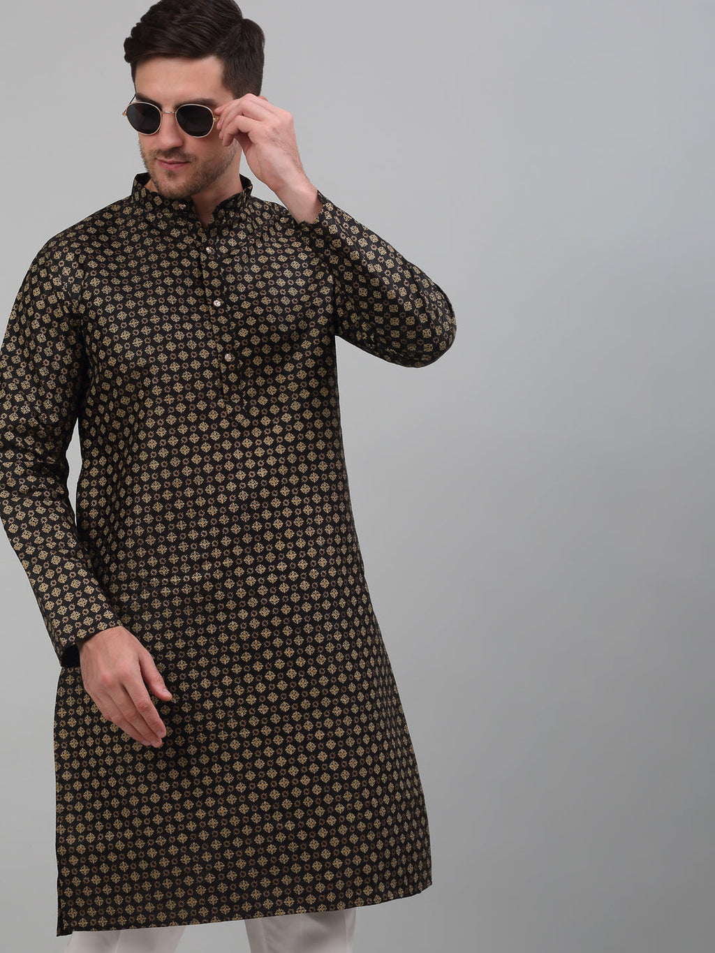 Jompers Men's Black Printed Silk Blend Kurta Only