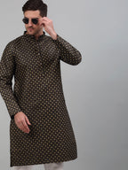Jompers Men's Black Printed Silk Blend Kurta Only