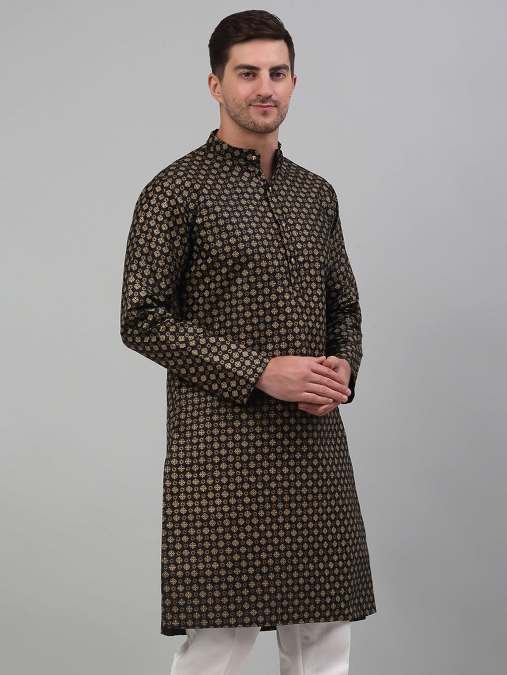 Jompers Men's Black Printed Silk Blend Kurta Only