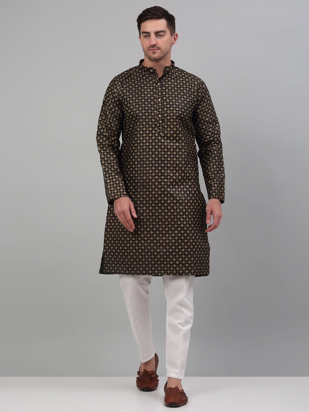 Jompers Men's Black Printed Silk Blend Kurta Only