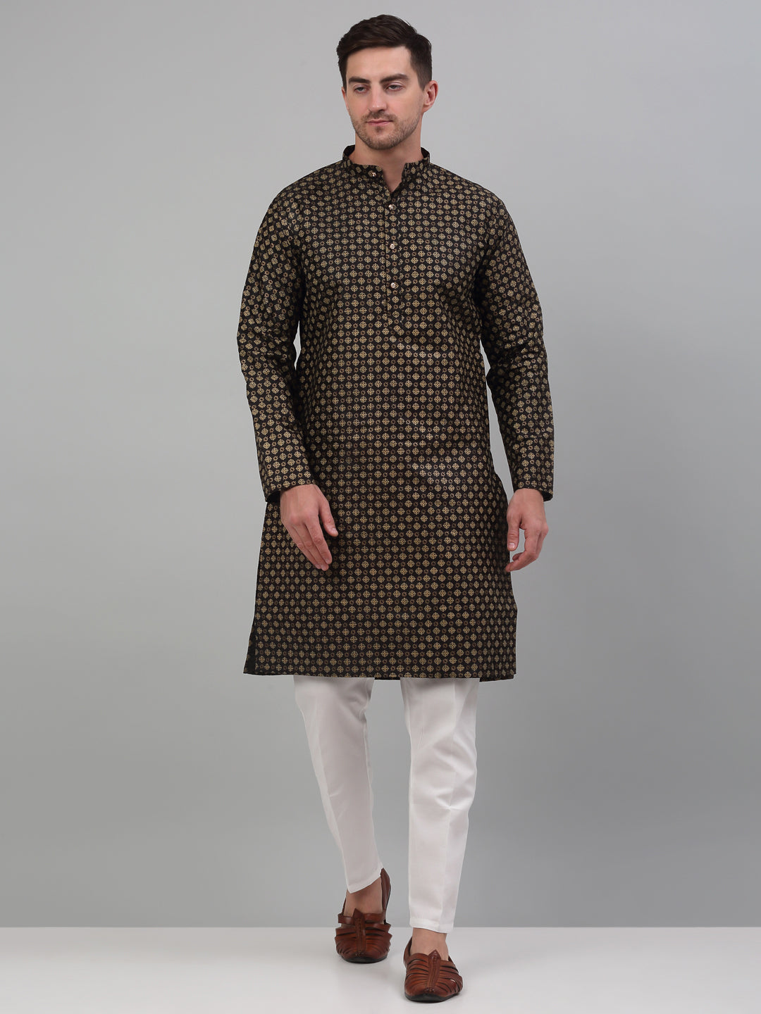 Jompers Men's Black Printed Silk Blend Kurta Only
