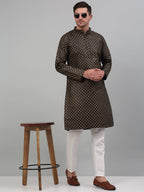 Jompers Men's Black Printed Silk Blend Kurta Only