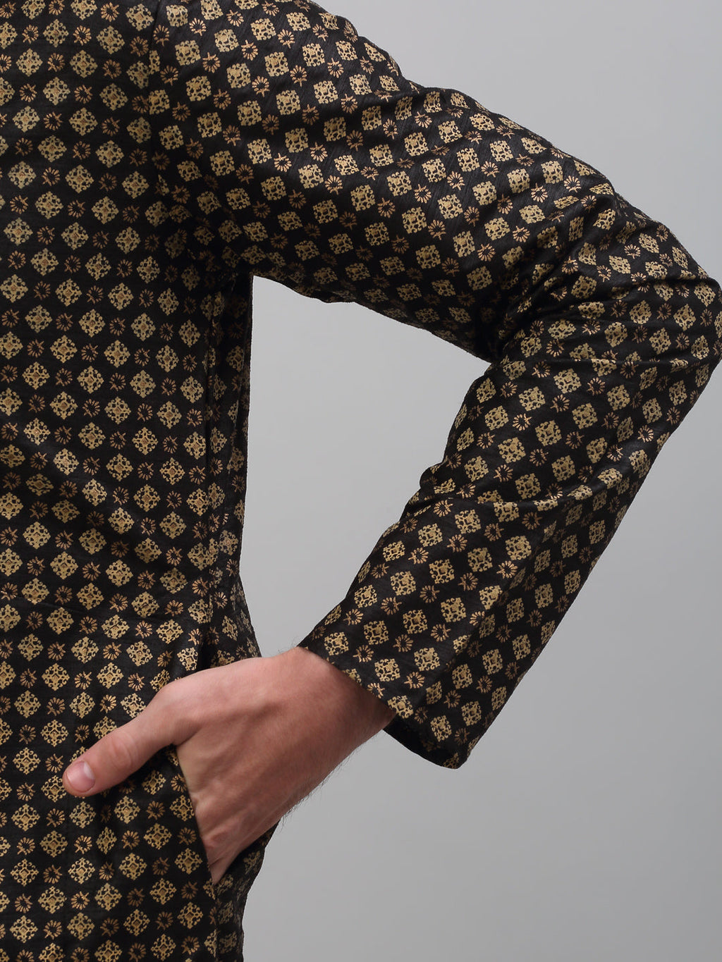 Jompers Men's Black Printed Silk Blend Kurta Only