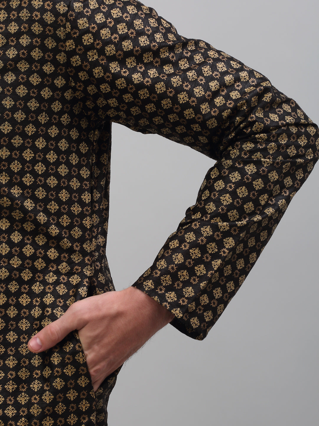 Jompers Men's Black Printed Silk Blend Kurta Only