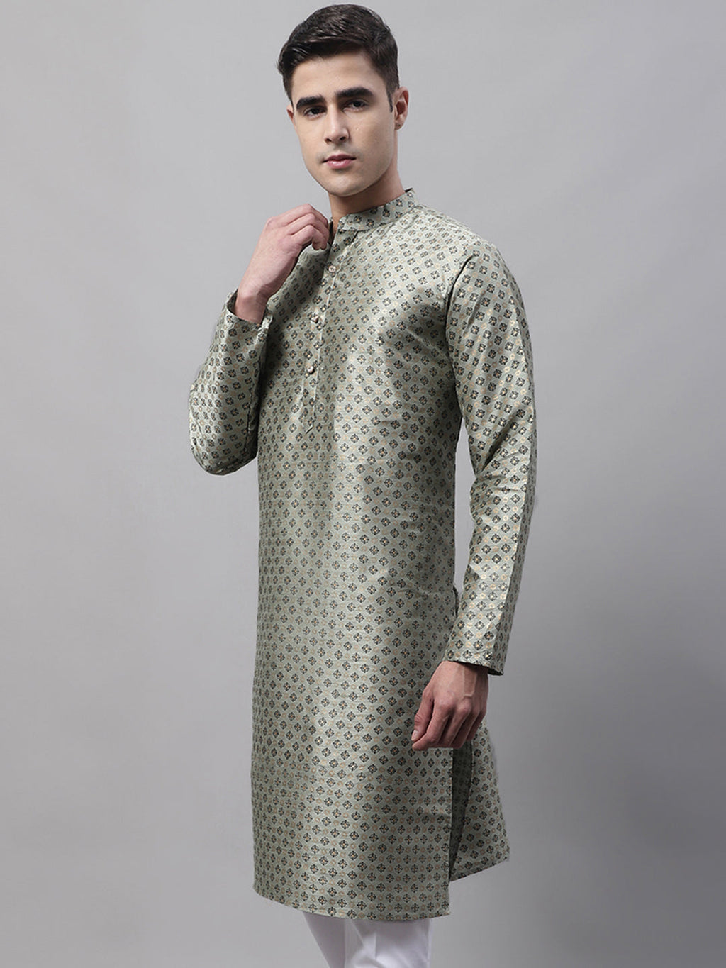 Jompers Men's Green Printed Silk Blend Kurta