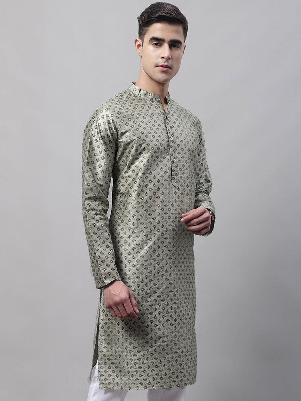 Jompers Men's Green Printed Silk Blend Kurta