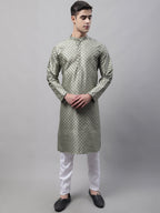 Jompers Men's Green Printed Silk Blend Kurta