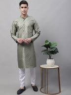Jompers Men's Green Printed Silk Blend Kurta