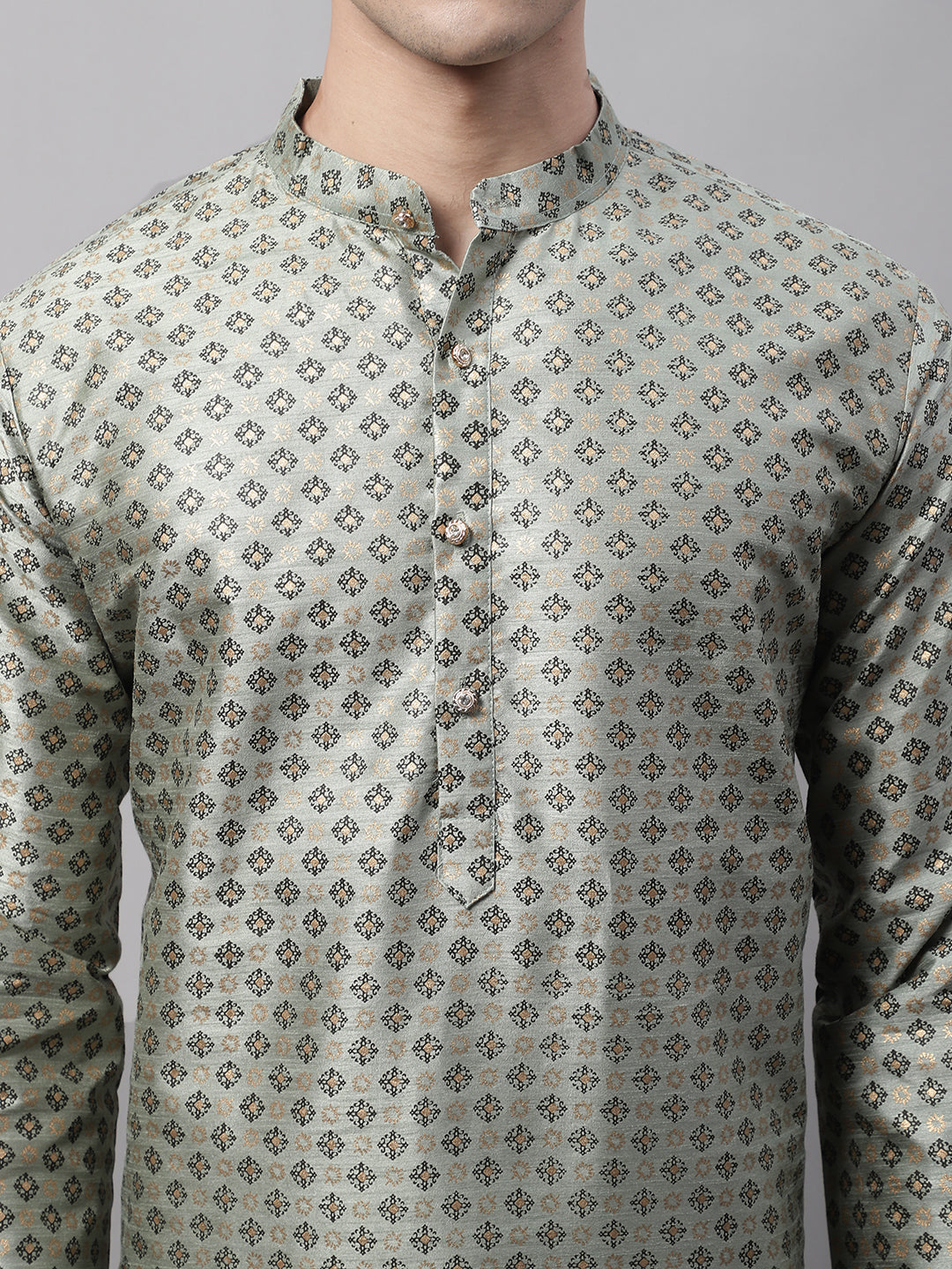 Jompers Men's Green Printed Silk Blend Kurta