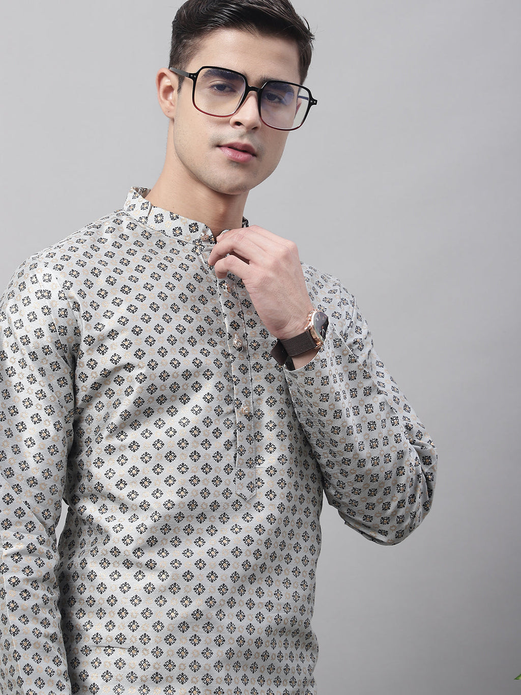Jompers Men's Grey Printed Silk Blend Kurta