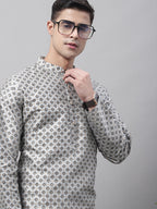 Jompers Men's Grey Printed Silk Blend Kurta