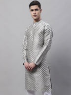 Jompers Men's Grey Printed Silk Blend Kurta